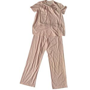Vintage Vanity Fair Pink Pajama Set Embroidered Collar Short Sleeve Top & Elasti